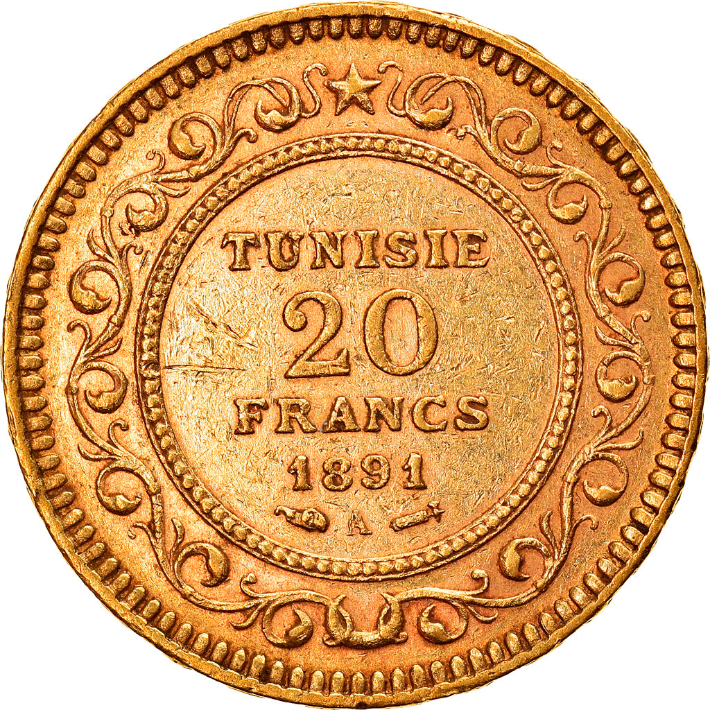 Coin, Tunisia, Ali Bey, 20 Francs, 1891, Paris, EF(40-45), Gold, KM:227