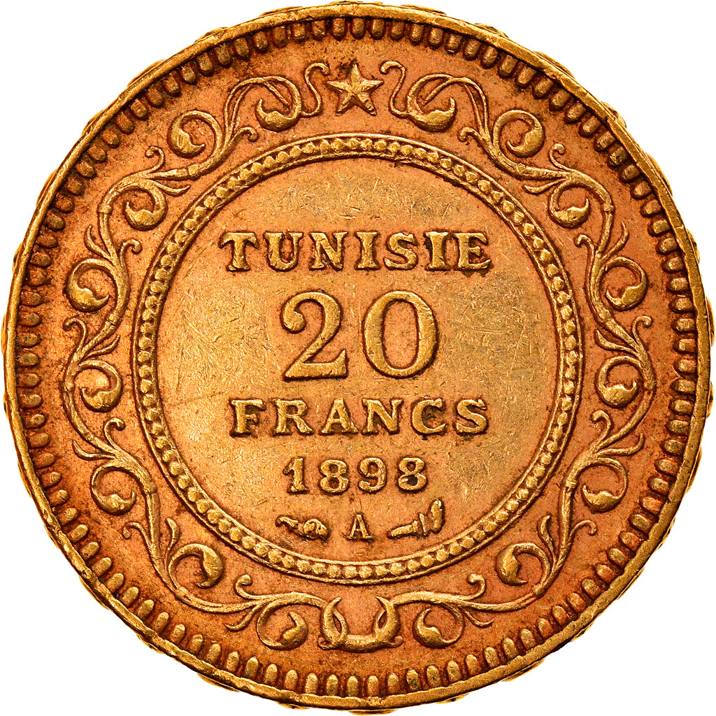 Coin, Tunisia, Ali Bey, 20 Francs, 1898, Paris, EF(40-45), Gold, KM:227