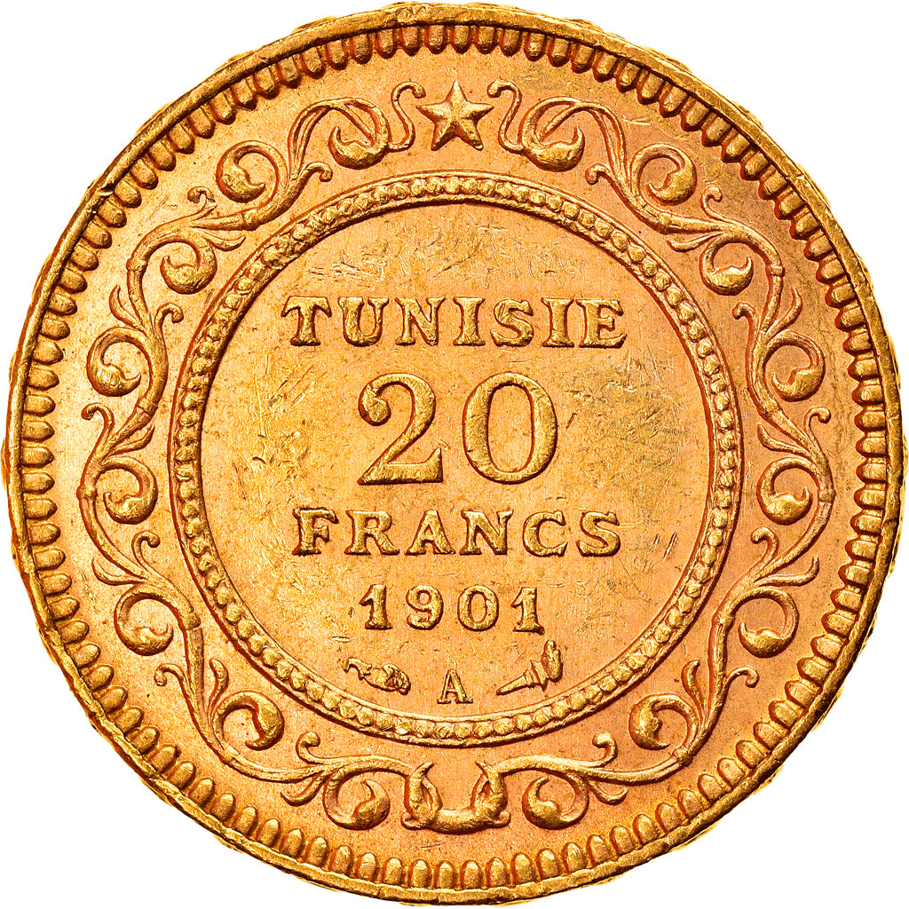 Coin, Tunisia, Ali Bey, 20 Francs, 1901, Paris, AU(50-53), Gold, KM:227