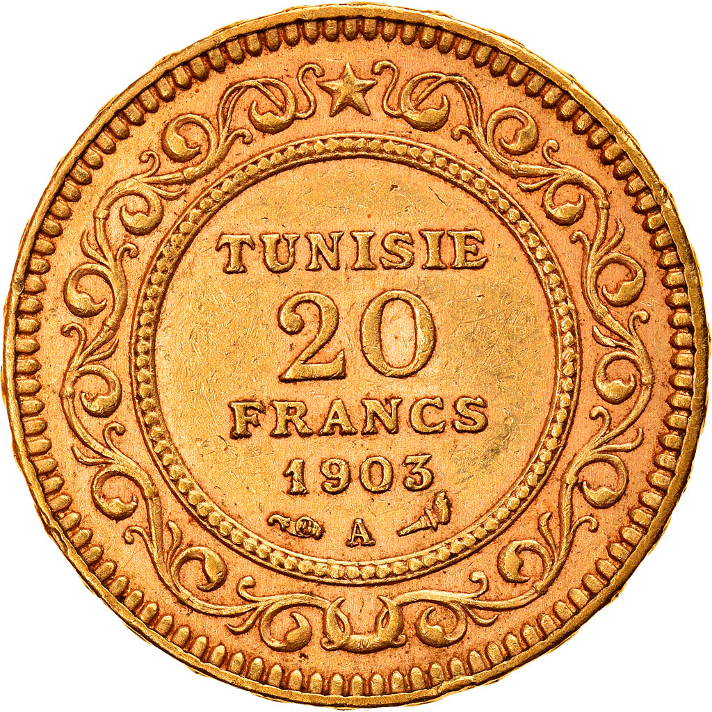 Coin, Tunisia, Muhammad al-Hadi Bey, 20 Francs, 1903, Paris, EF(40-45), Gold