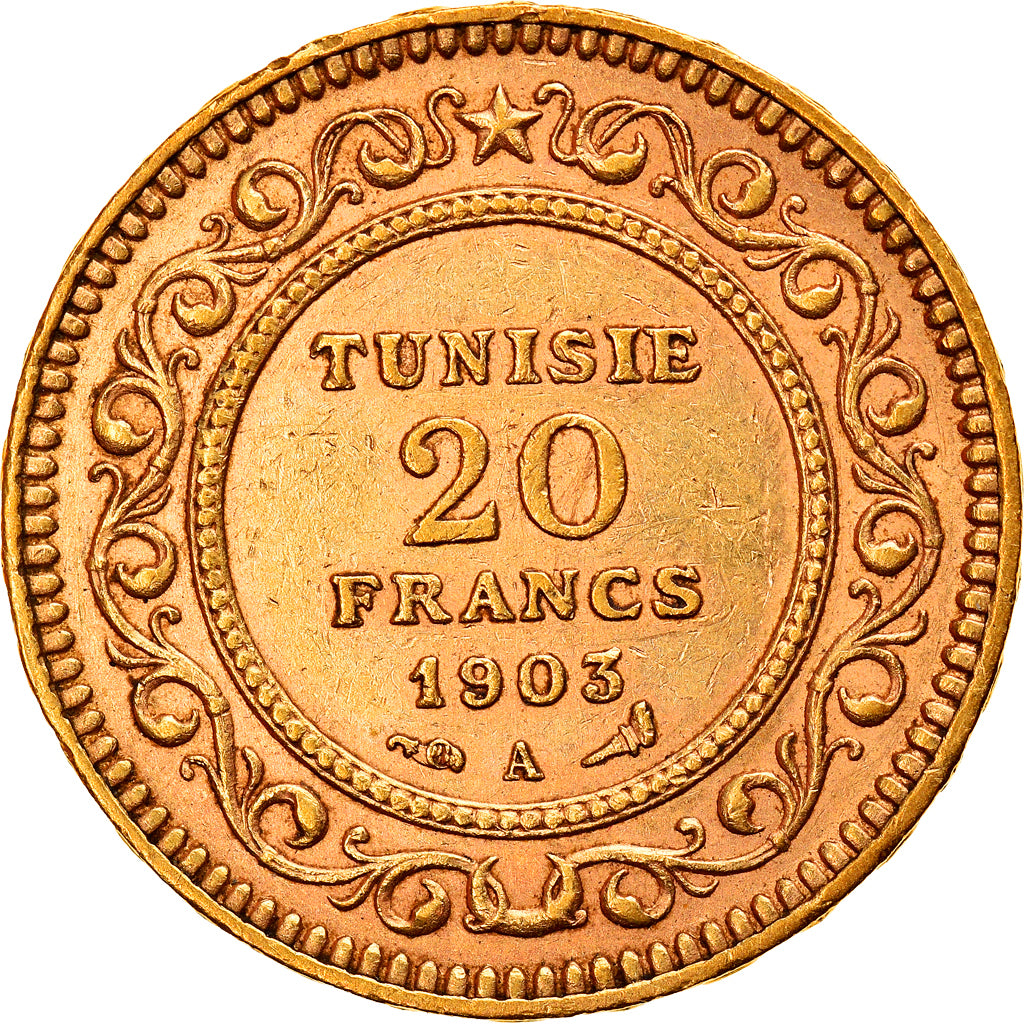 Coin, Tunisia, Muhammad al-Hadi Bey, 20 Francs, 1903, Paris, AU(50-53), Gold