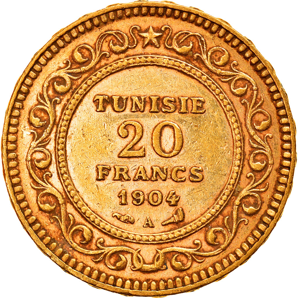 Coin, Tunisia, Muhammad al-Hadi Bey, 20 Francs, 1904, Paris, EF(40-45), Gold