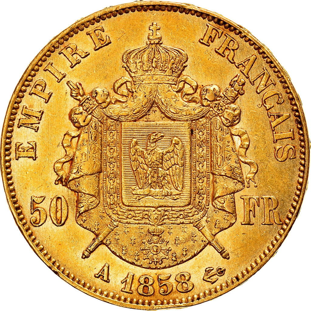 Moeda, França, Napoleon III, 50 Francs, 1858, Paris, EF(40-45), Dourado
