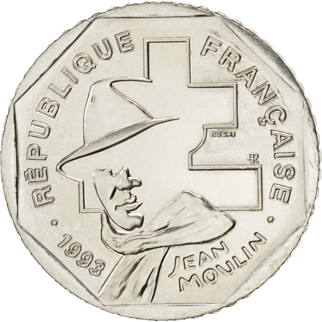 FRANCE, Jean Moulin, 2 Francs, 1993, KM #1062, MS(63), Nickel, 26.5, Gadoury...