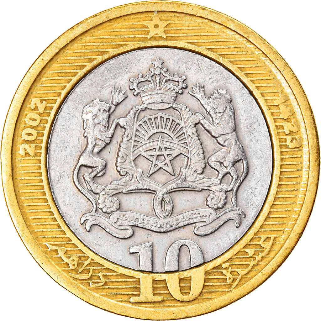 Coin, Morocco, Mohammed VI, 10 Dirhams, 2002/AH1423, EF(40-45), Bi-Metallic