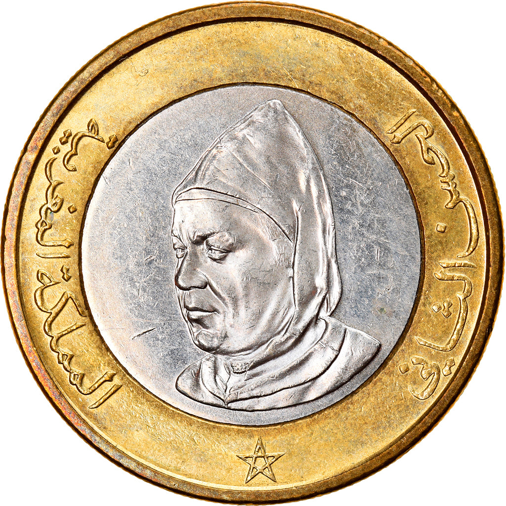 Coin, Morocco, al-Hassan II, 10 Dirhams, 1995/AH1415, AU(55-58), Bi-Metallic