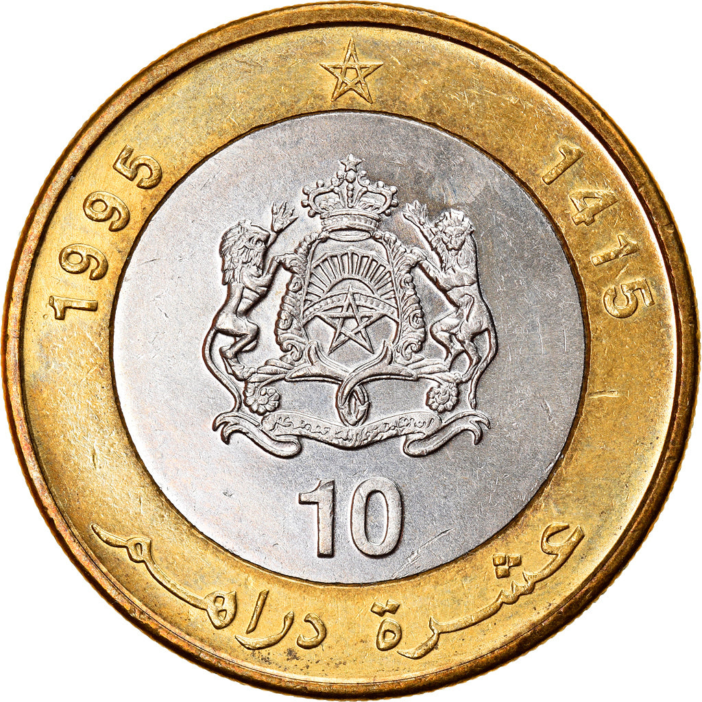 Coin, Morocco, al-Hassan II, 10 Dirhams, 1995/AH1415, AU(55-58), Bi-Metallic
