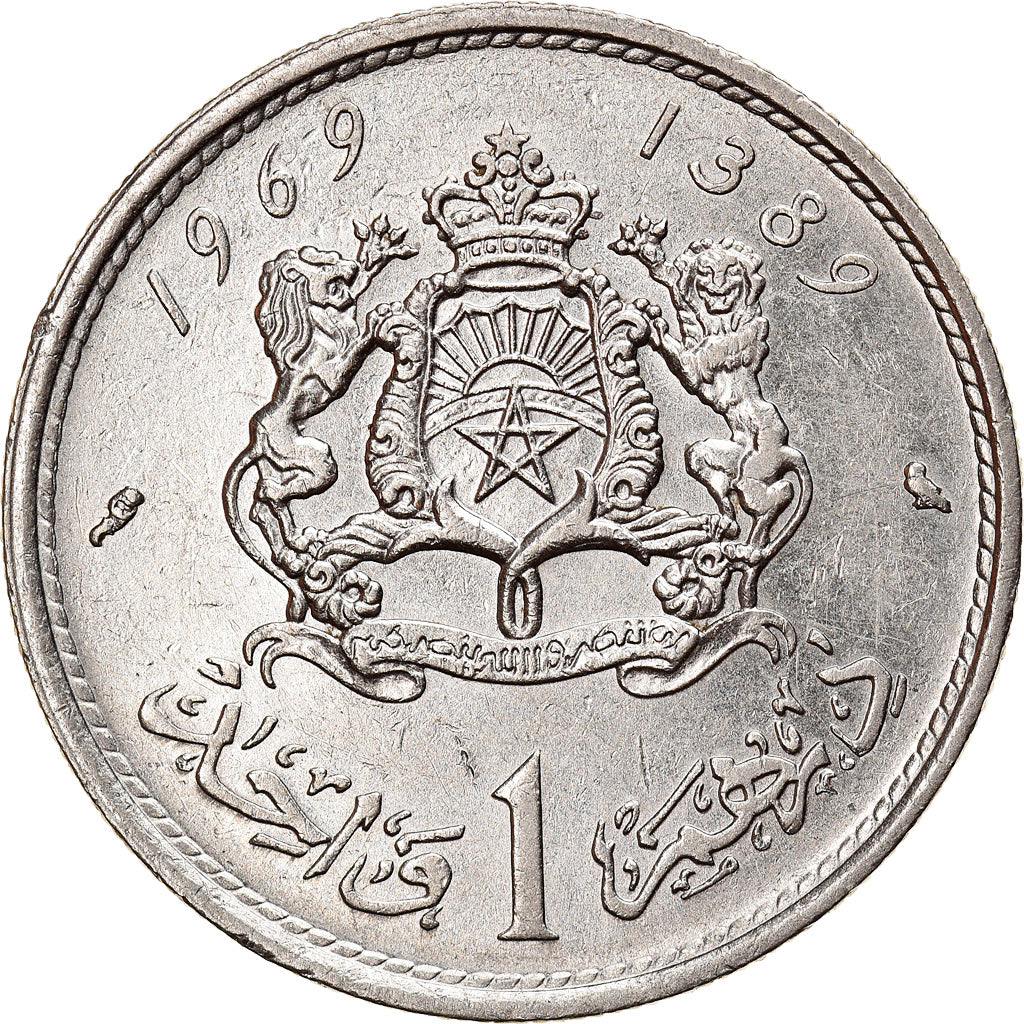 Coin, Morocco, al-Hassan II, Dirham, 1969/AH1389, Paris, AU(50-53), Nickel