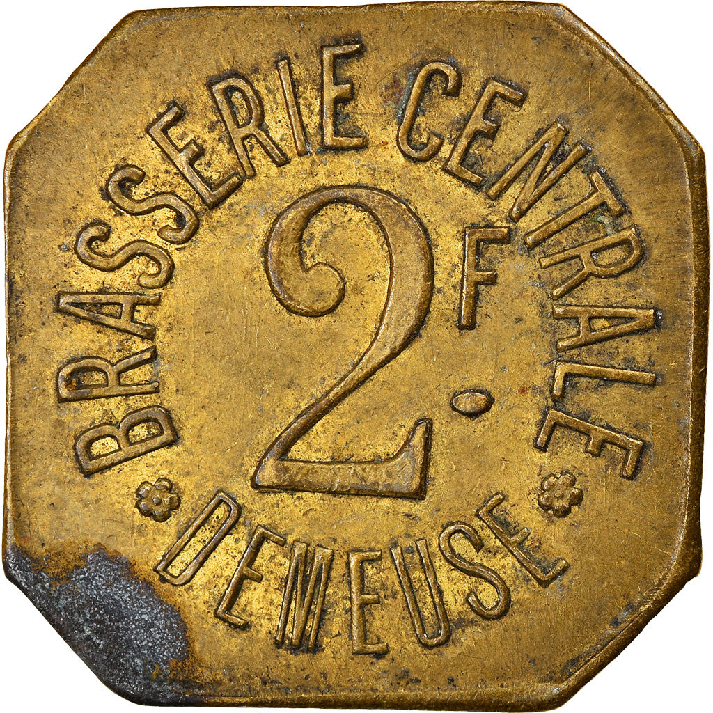 Coin, France, Brasserie Centrale Demeuse, 2 Francs, EF(40-45), Brass