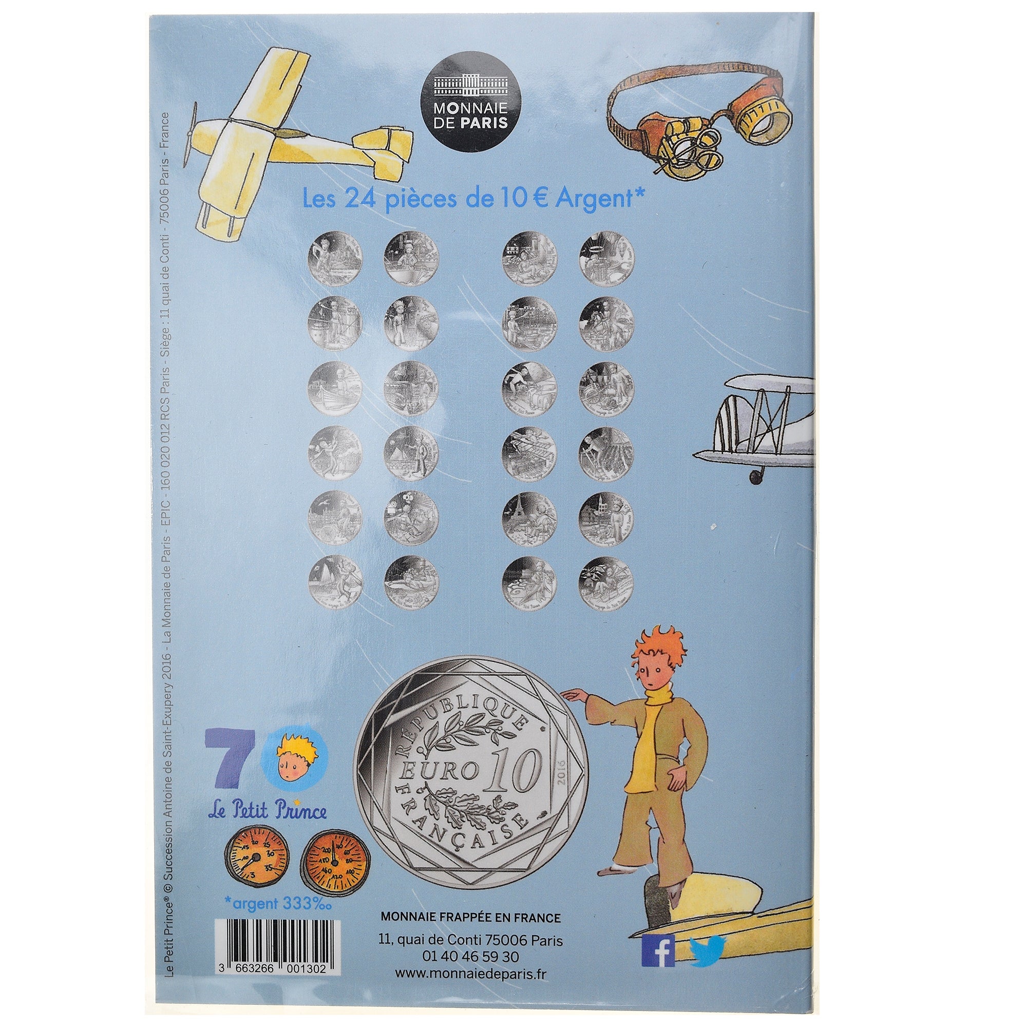 Francia, Monnaie de Paris, 10 Euro, Le Petit Prince en avion, 2016, FDC, Argento