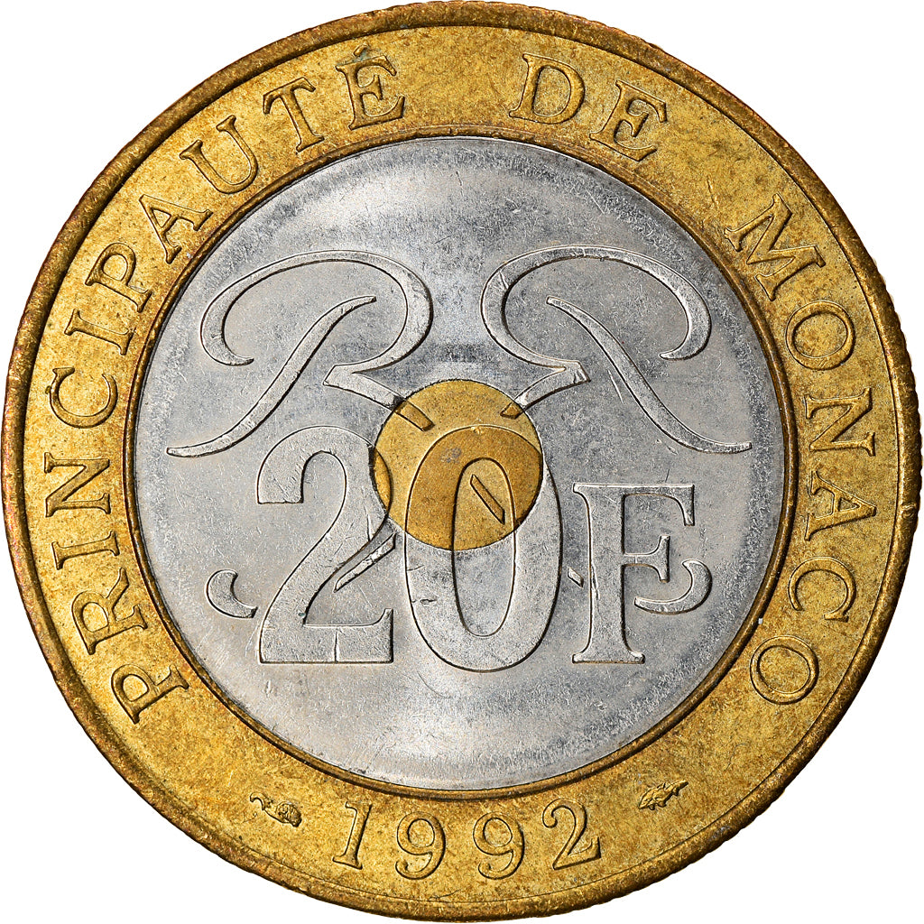 Coin, Monaco, Rainier III, 20 Francs, 1992, AU(55-58), Tri-Metallic, KM:165