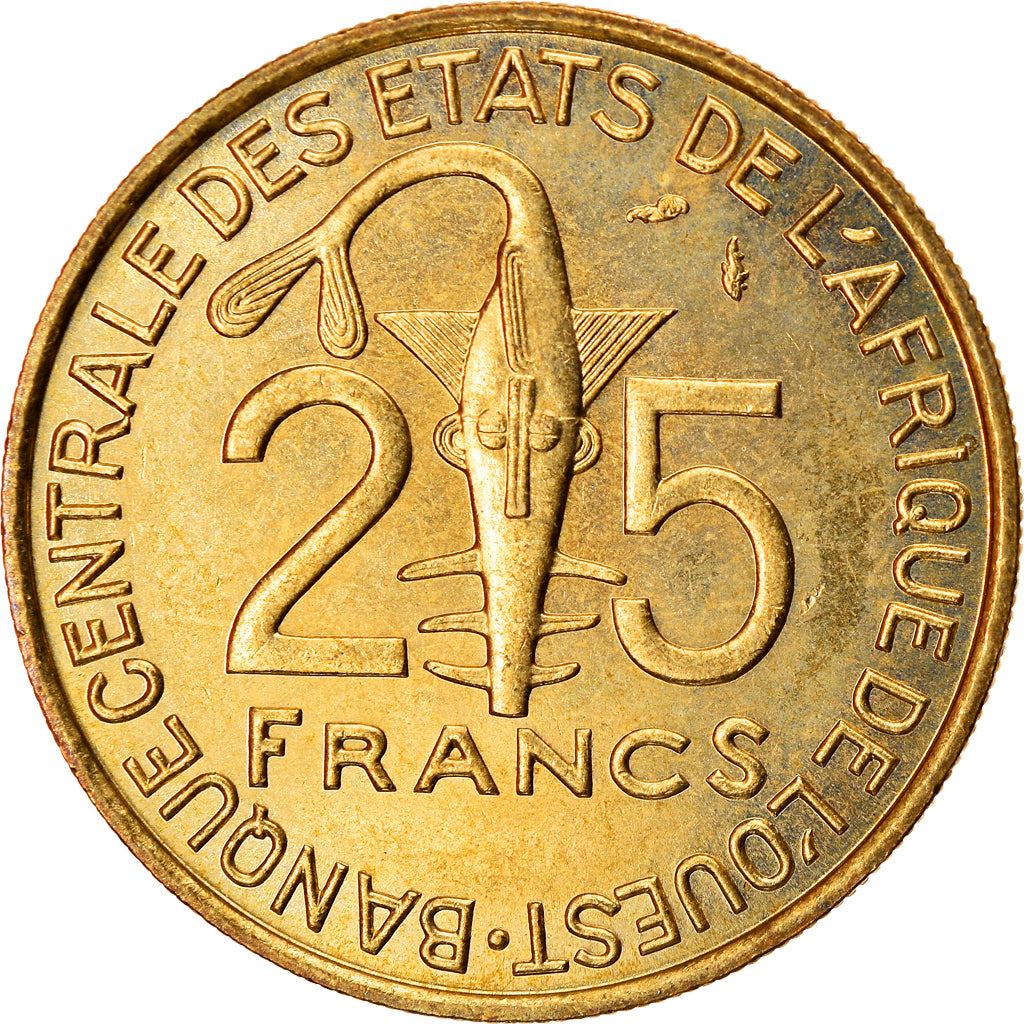 Moneta, Kraje Afryki Zachodniej, 25 Francs, 1975, AU(55-58), Aluminium-Brąz
