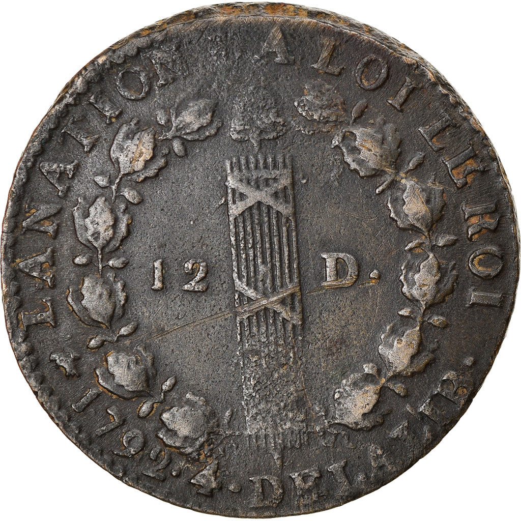 Monnaie, France, Louis XVI, 12 Deniers, 1792, Dijon, TTB, Métal de cloche