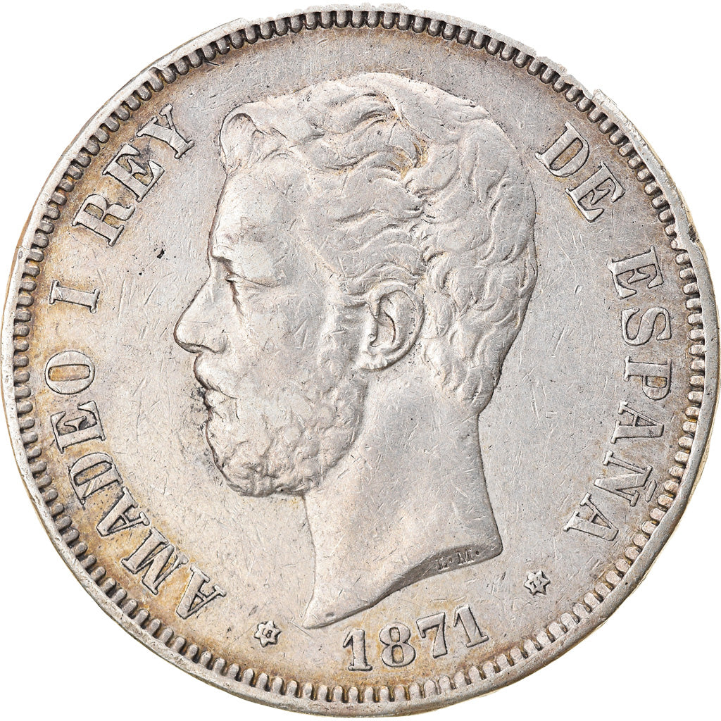 Coin, Spain, Amadeao I, 5 Pesetas, 1871, Madrid, EF(40-45), Silver, KM:666