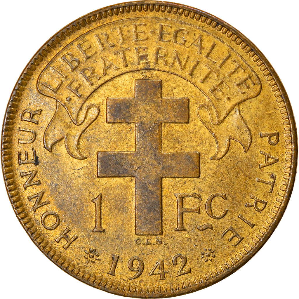 Moeda, África Equatorial Francesa, Franc, 1942, Pretoria, AU(50-53), Latão