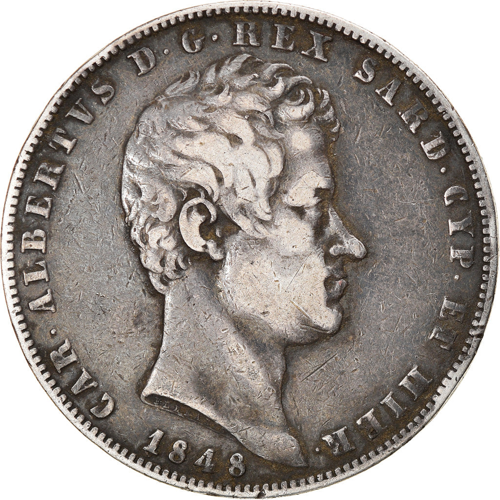 Coin, ITALIAN STATES, SARDINIA, Carlo Alberto, 5 Lire, 1848, Genoa, VF(30-35)