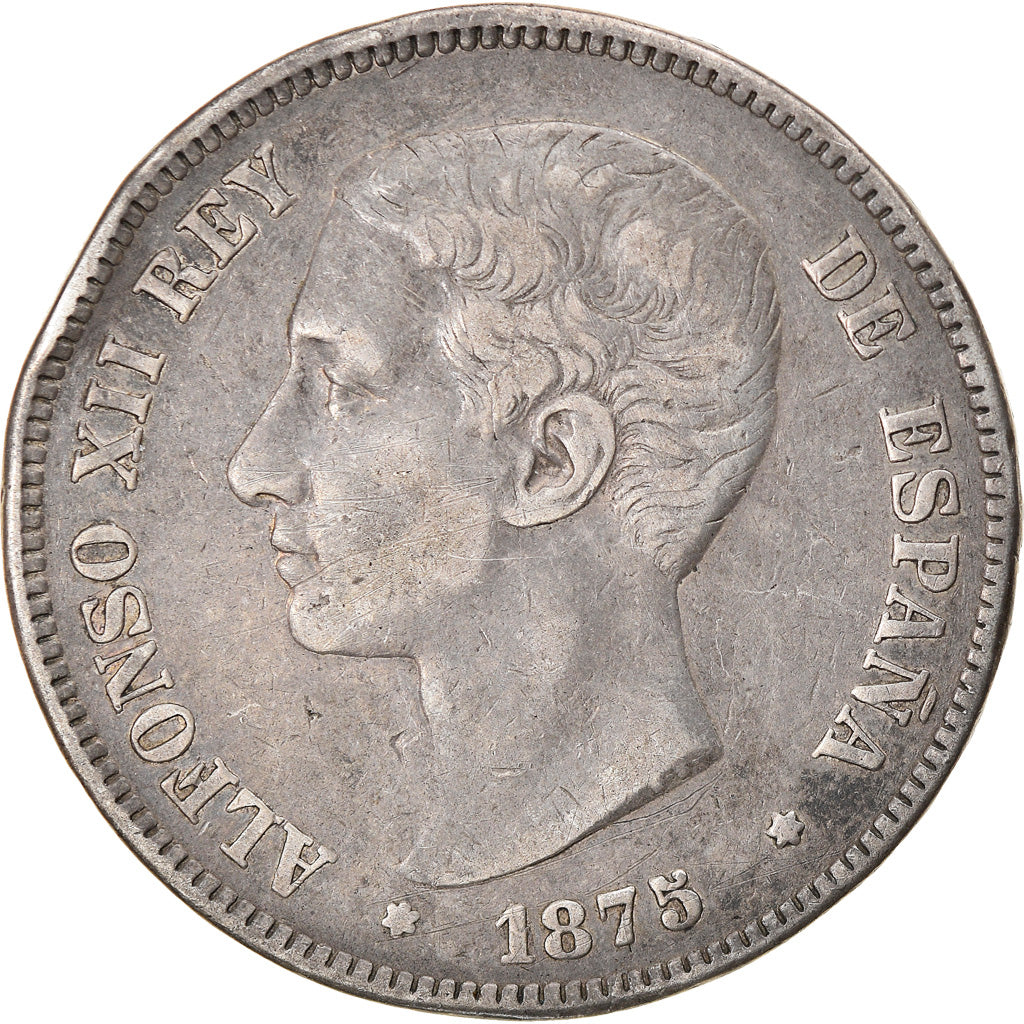 Coin, Spain, Alfonso XII, 5 Pesetas, 1875, VF(30-35), Silver, KM:671