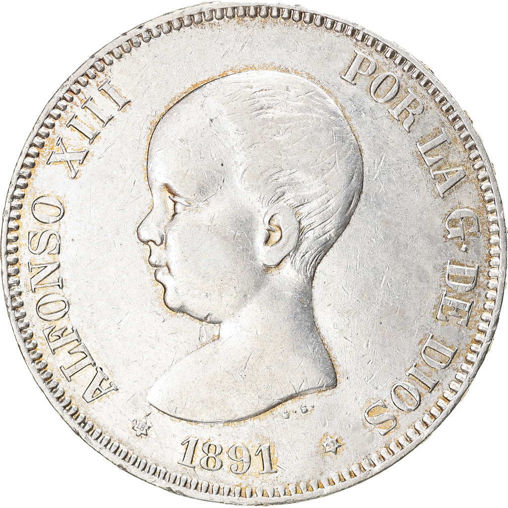 Coin, Spain, Alfonso XIII, 5 Pesetas, 1891, EF(40-45), Silver, KM:689
