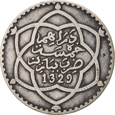Moeda, Marrocos, 'Abd al-Hafiz, 1/2 Rial, 5 Dirhams, 1911/AH1329, bi-Bariz
