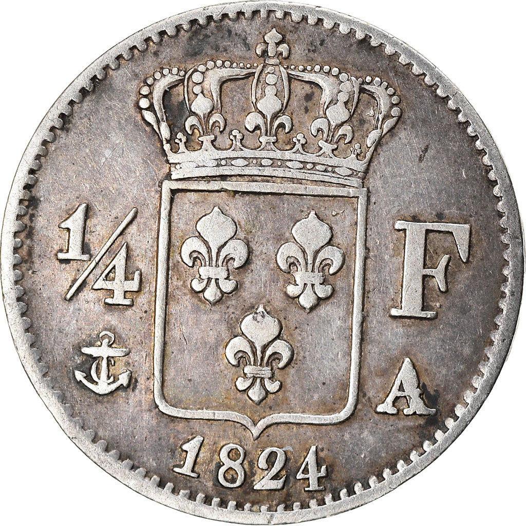 Moneda, Francia, Louis XVIII, 1/4 Franc, 1824, Paris, MBC, Plata, KM:714.1