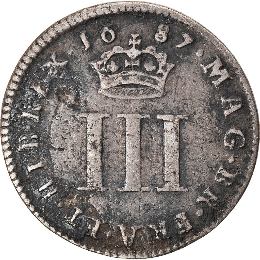 Coin, Great Britain, James II, 3 Pence, 1687, VF(30-35), Silver, KM:450