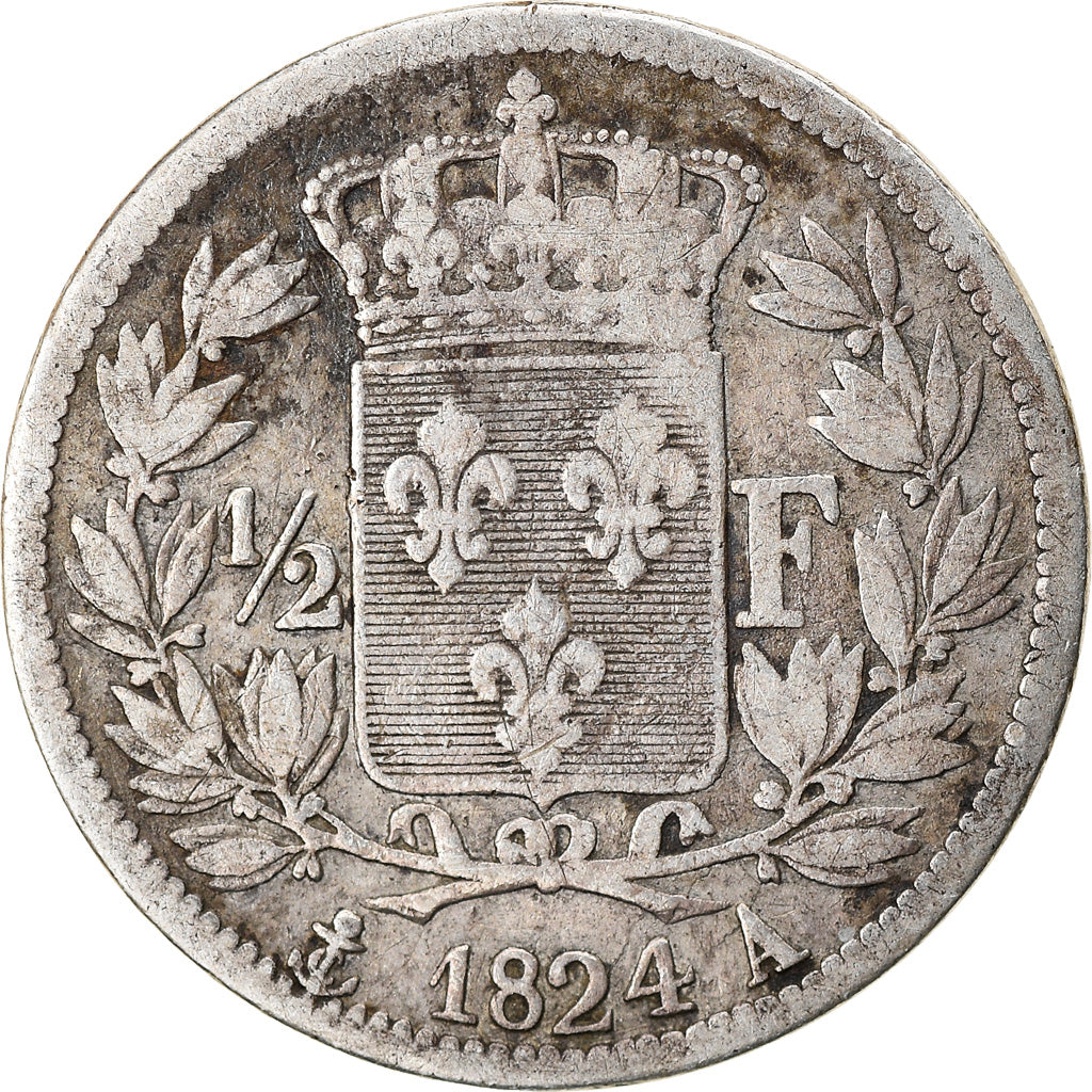 Moeda, França, Louis XVIII, 1/2 Franc, 1824, Paris, VF(20-25), Prata, KM:708.1