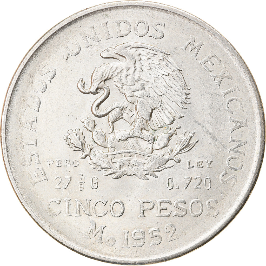Moneta, Messico, 5 Pesos, 1952, Mexico City, SPL-, Argento, KM:467