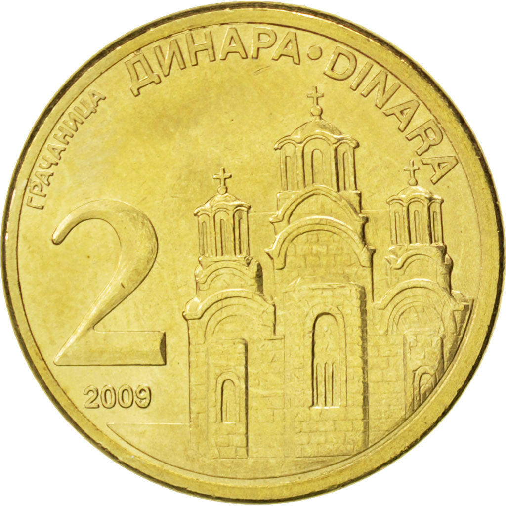 SERBIA, 2 Dinara, 2009, KM #49, MS(63), Copper Plated Steel, 22, 5.01