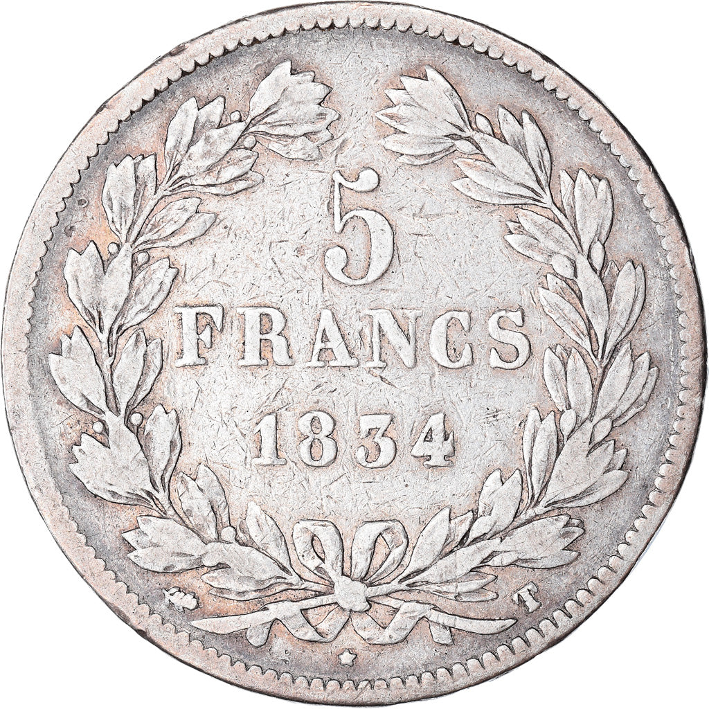 Moneta, Francia, Louis-Philippe, 5 Francs, 1834, Nantes, MB, Argento, KM:749.12