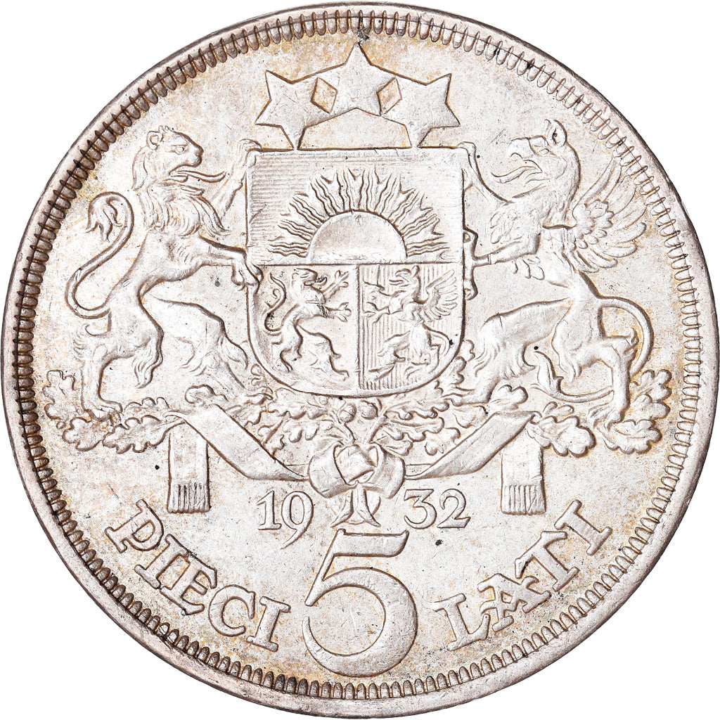 Coin, Latvia, 5 Lati, 1932, AU(50-53), Silver, KM:9