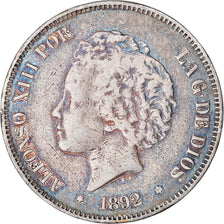 Moneta, Spagna, Alfonso XIII, 5 Pesetas, 1892, Madrid, MB+, Argento, KM:700