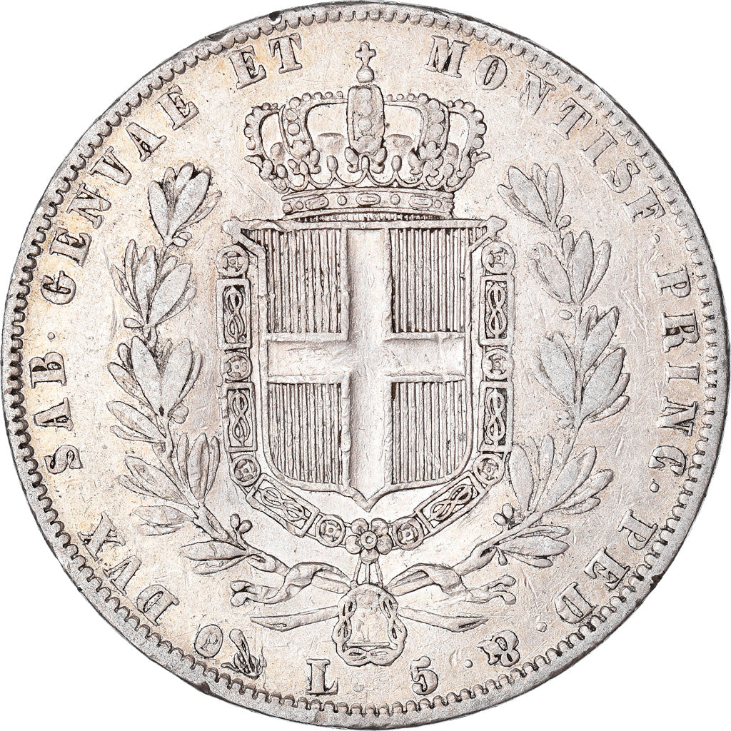 Munten, Italiaanse staten, SARDINIA, Carlo Alberto, 5 Lire, 1844, Genoa, FR+