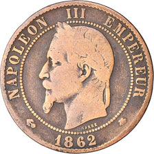 Moneda, Francia, Napoleon III, 10 Centimes, 1862, Paris, BC, Bronce, KM:798.1
