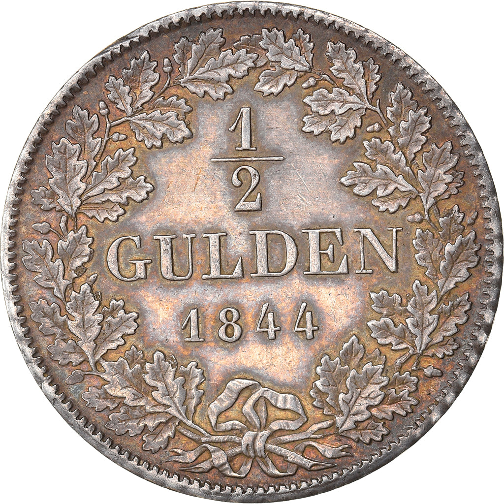 Coin, German States, WURTTEMBERG, Wilhelm I, 1/2 Gulden, 1844, AU(50-53)