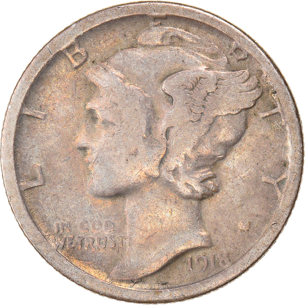 Coin, United States, Mercury Dime, Dime, 1918, San Francisco, VF(30-35), Silver