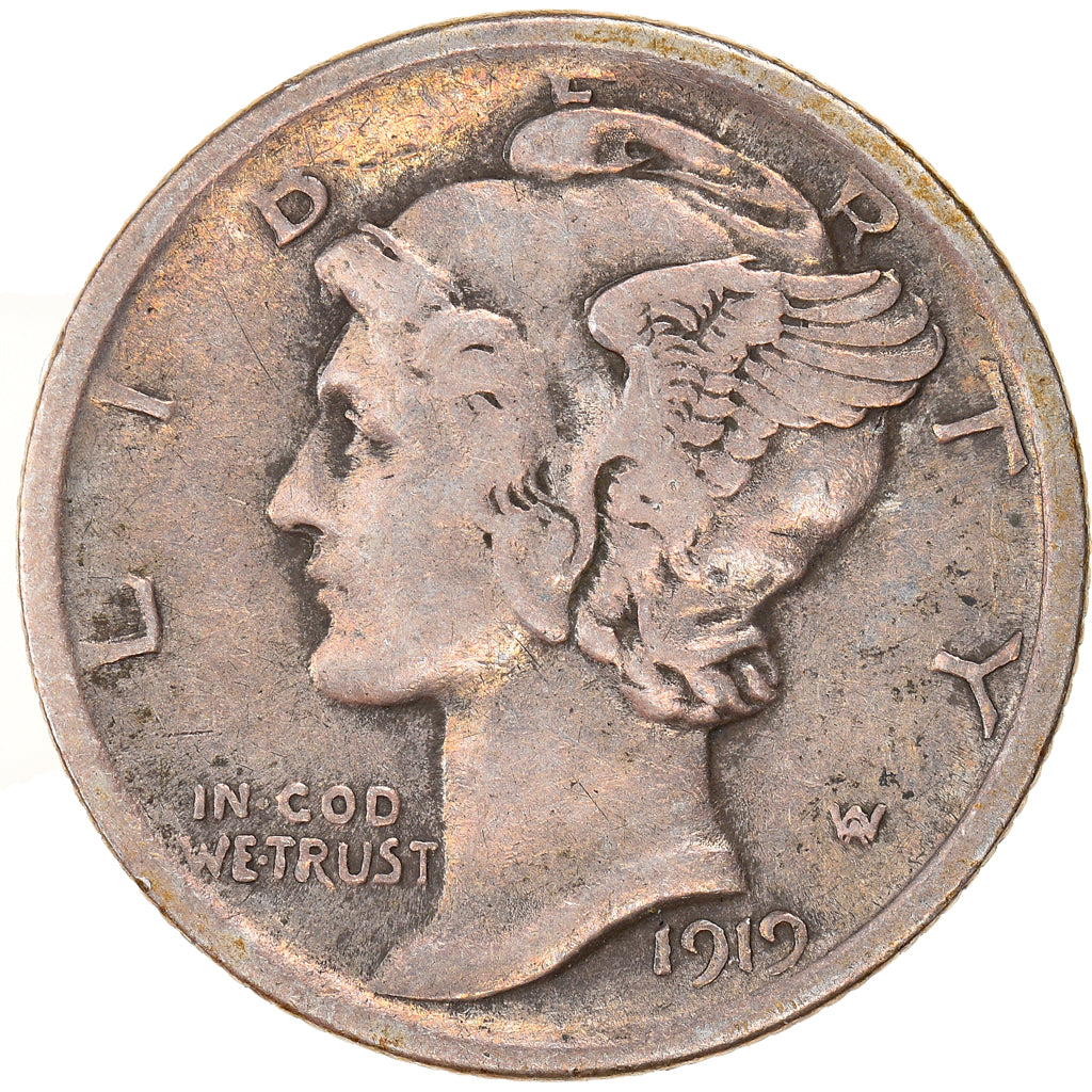 Coin, United States, Mercury Dime, Dime, 1919, Philadelphia, EF(40-45), Silver