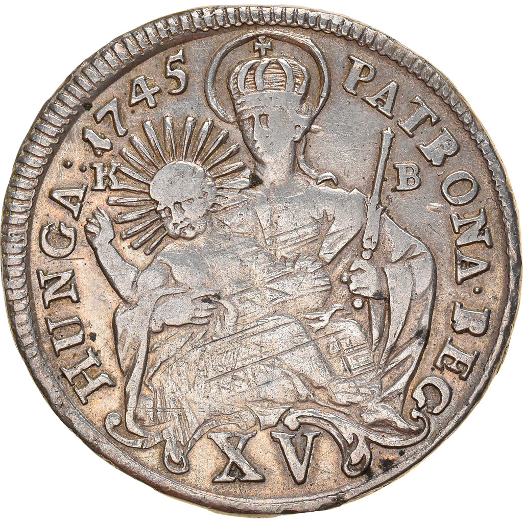 Moneda, Hungría, Maria Theresia, 15 Krajczar, 1745, Kremnitz, MBC, Plata