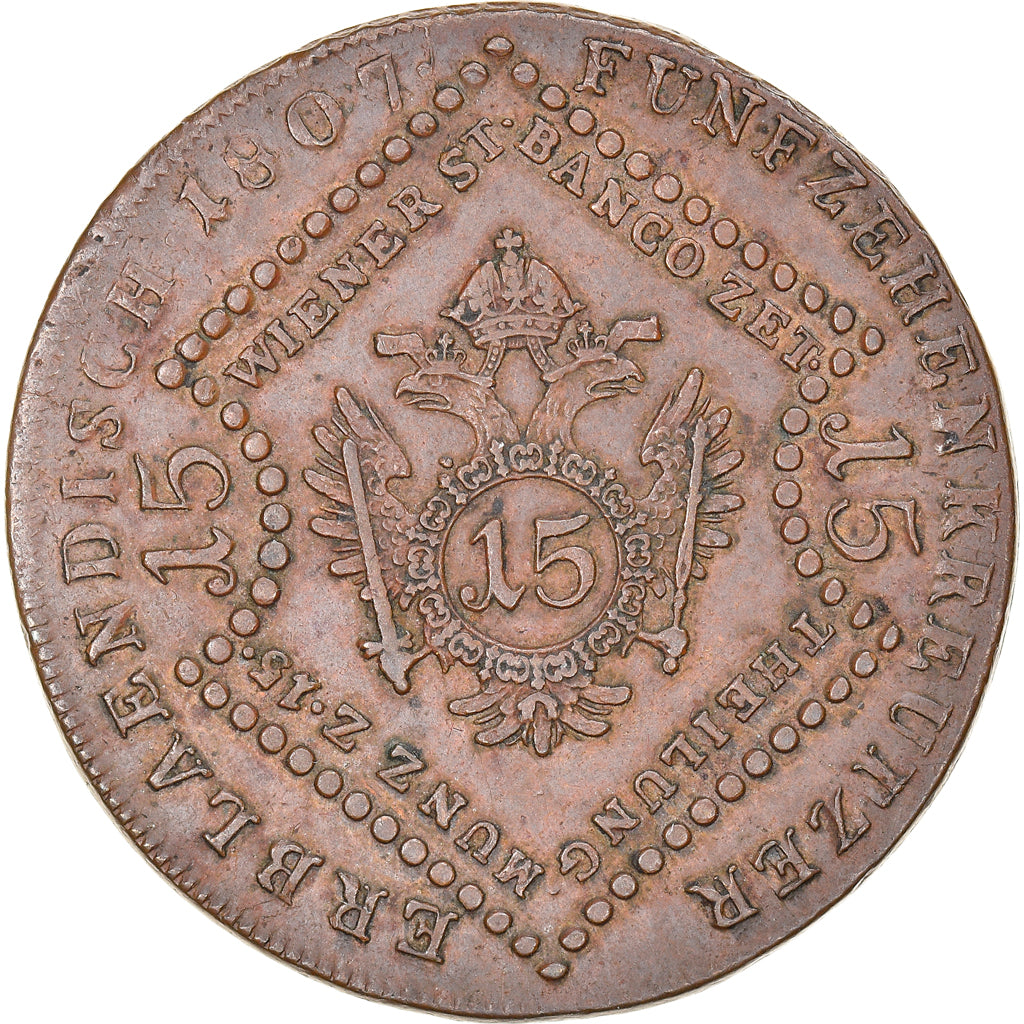 Moneda, Austria, Franz II (I), 15 Kreuzer, 1807, Schmollnitz, MBC+, Cobre