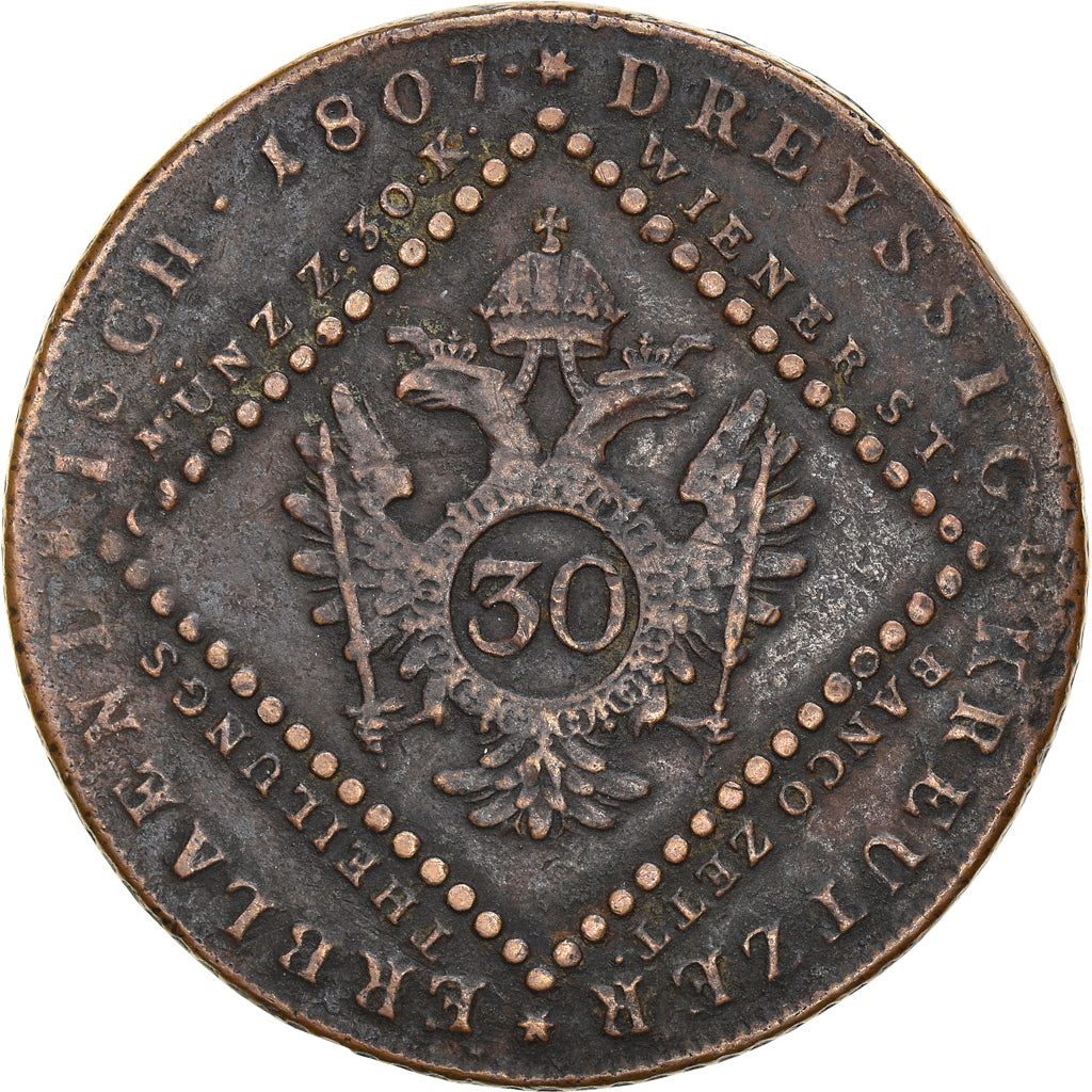 Coin, Austria, Franz II (I), 30 Kreuzer, 1807, Schmollnitz, VF(30-35), Copper