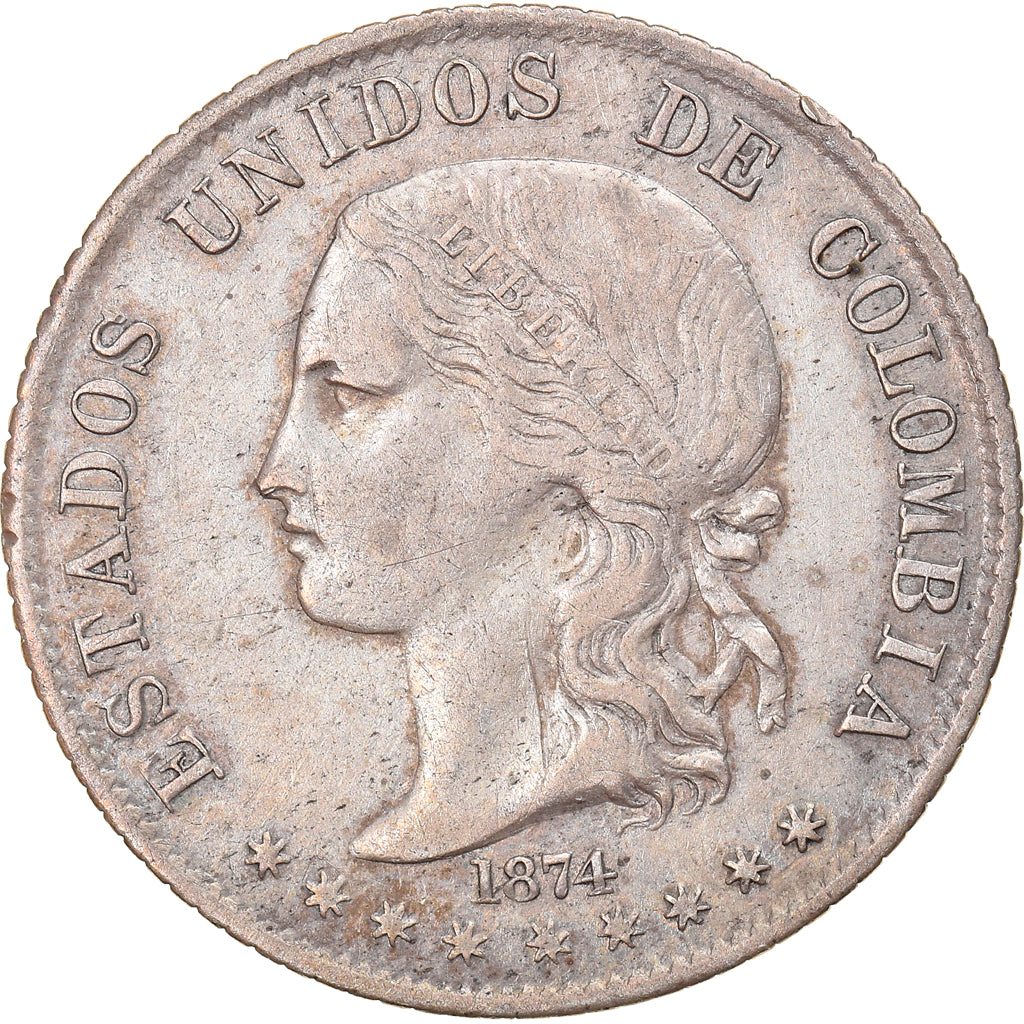 Moneda, Colombia, 2 Decimos, 1874, Medellin, MBC, Plata, KM:160