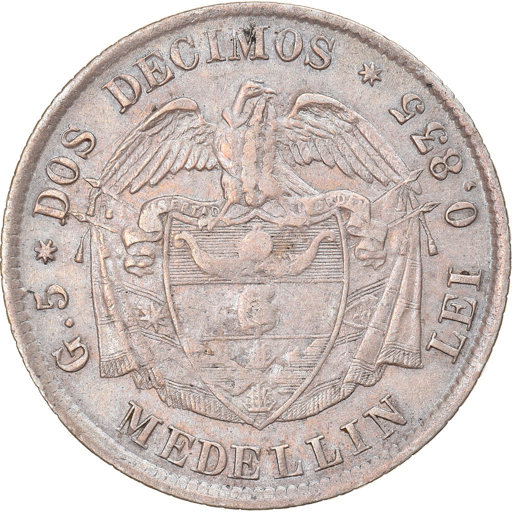 Moneda, Colombia, 2 Decimos, 1874, Medellin, MBC, Plata, KM:160