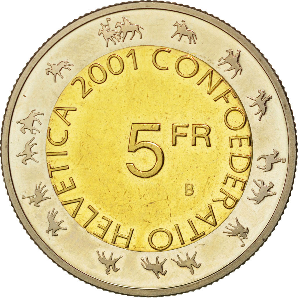 Coin, Switzerland, 5 Francs, 2001, MS(63), Bi-Metallic, KM:92
