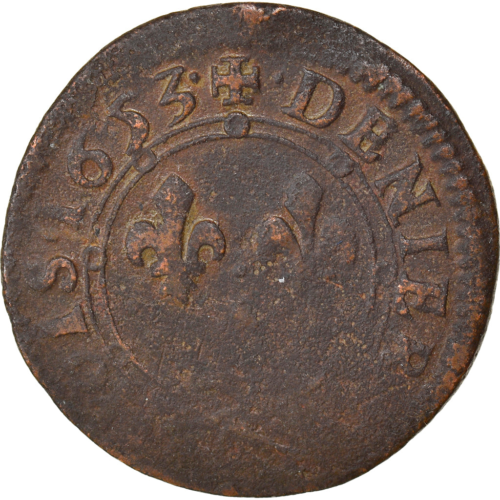 Monnaie, France, Ardennes, Charles II, Denier Tournois, 1653, Charleville, TB