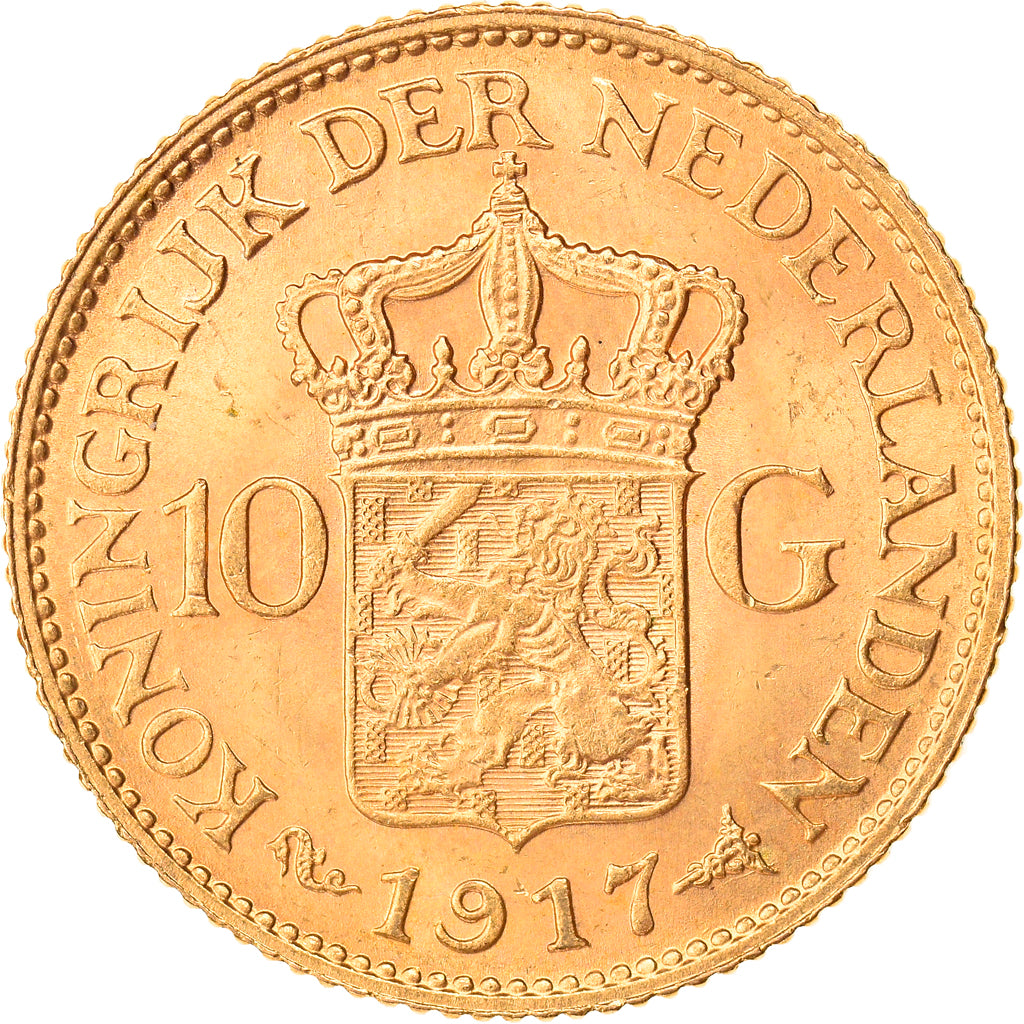 Coin, Netherlands, Wilhelmina I, 10 Gulden, 1917, MS(63), Gold, KM:149