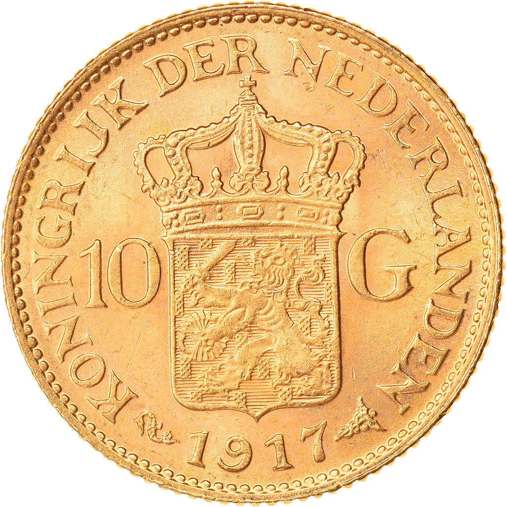 Coin, Netherlands, Wilhelmina I, 10 Gulden, 1917, MS(63), Gold, KM:149