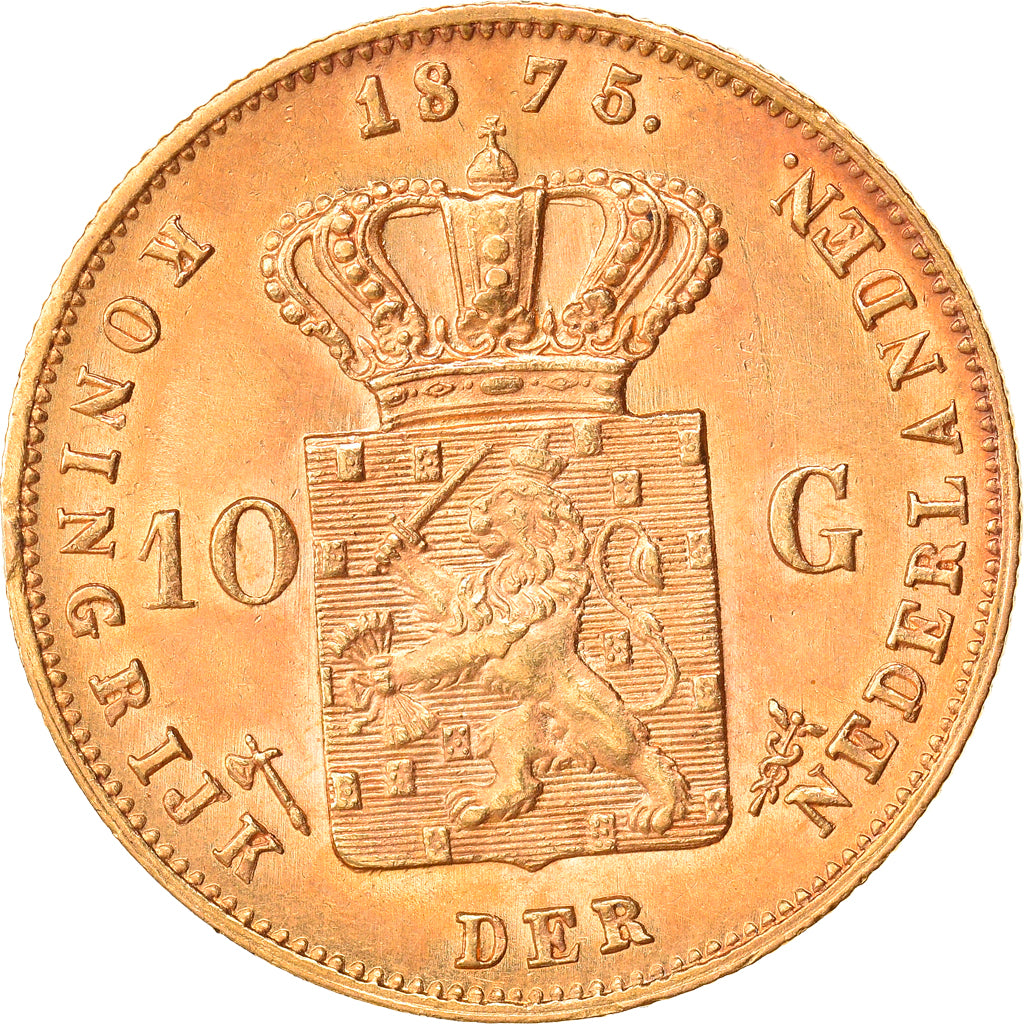 Moneta, Paesi Bassi, William III, 10 Gulden, 1875, SPL-, Oro, KM:105