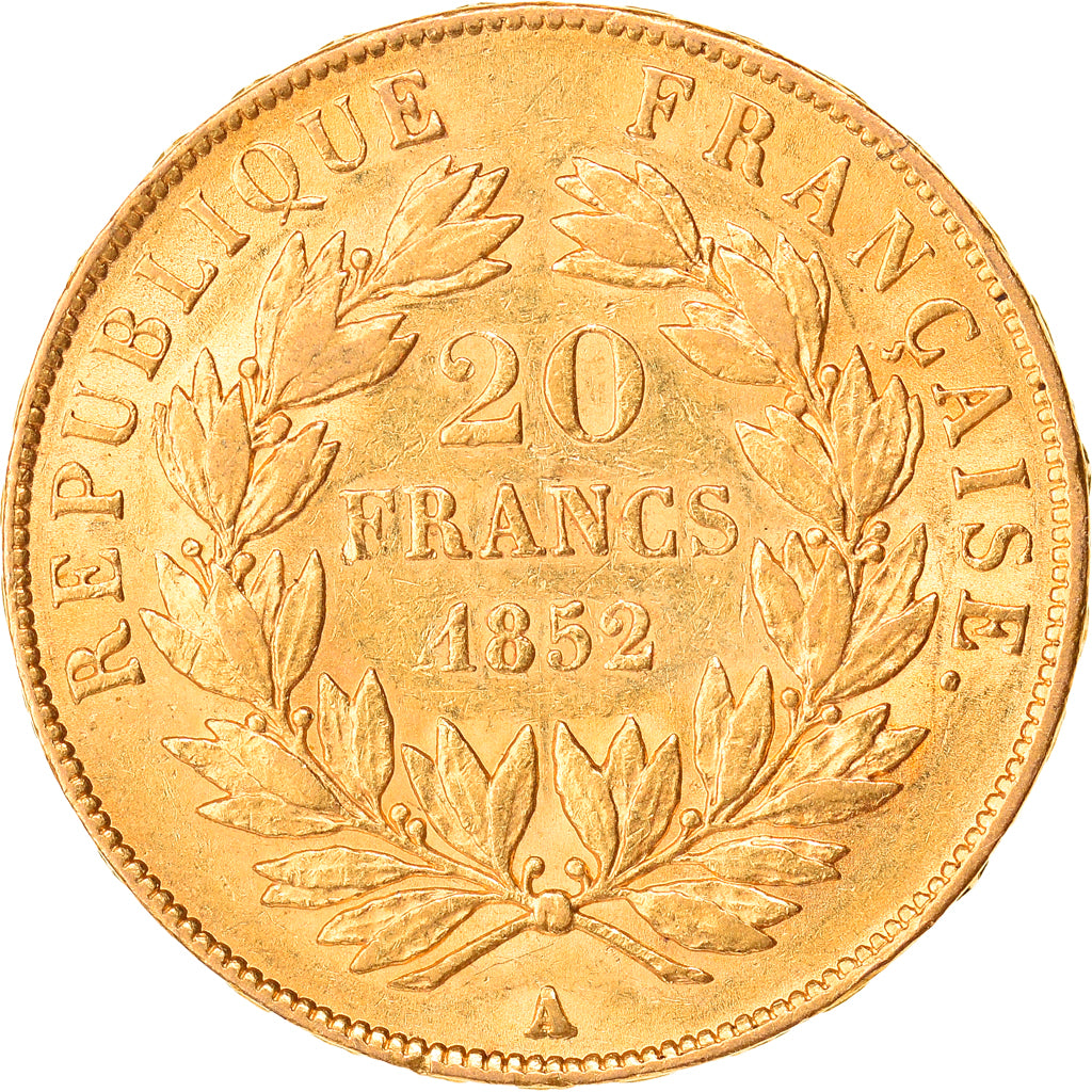 Moneda, Francia, Napoleon III, 20 Francs, 1852, Paris, MBC+, Oro, KM:774