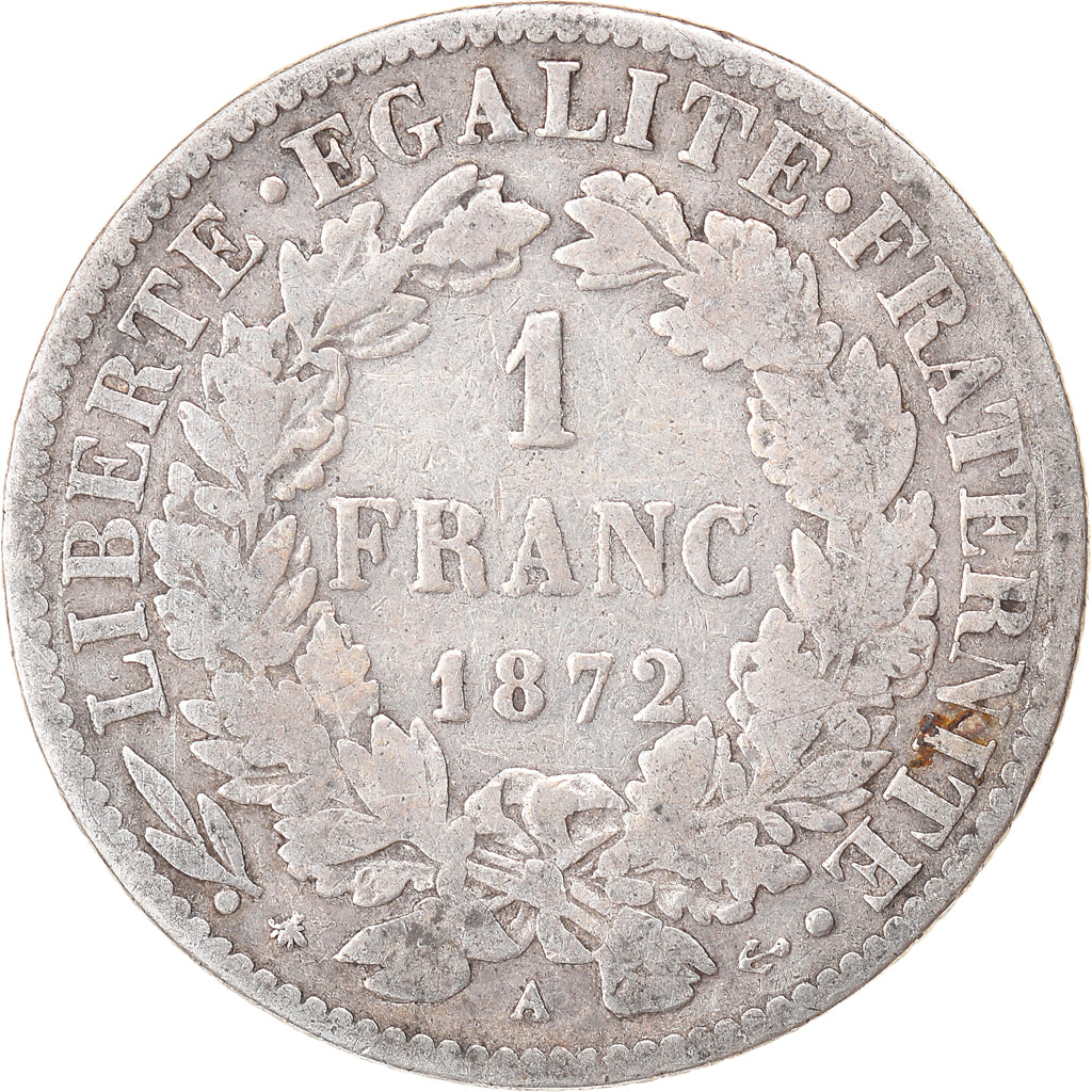 Coin, France, Cérès, Franc, 1872, Paris, VF(20-25), Silver, KM:822.1