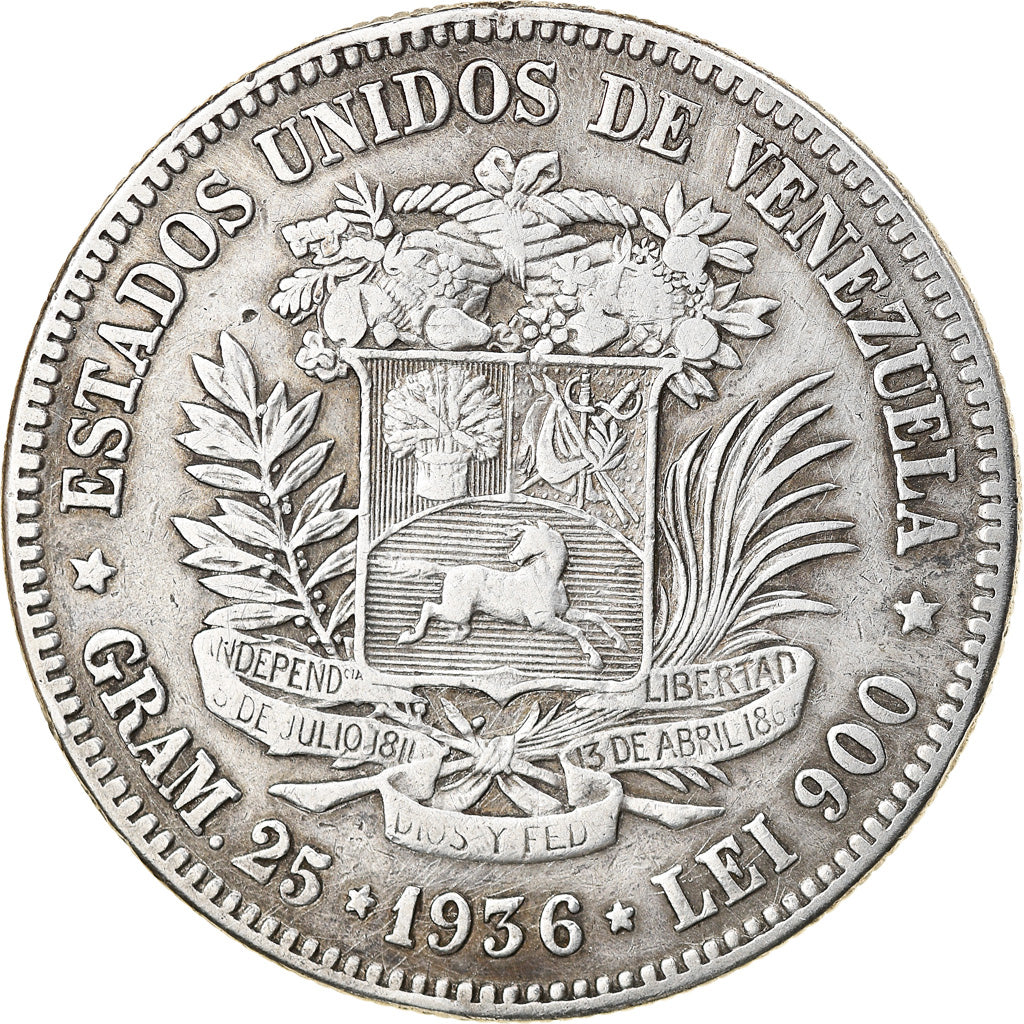 Coin, Venezuela, Gram 25, 5 Bolivares, 1936, VF(30-35), Silver, KM:24.2