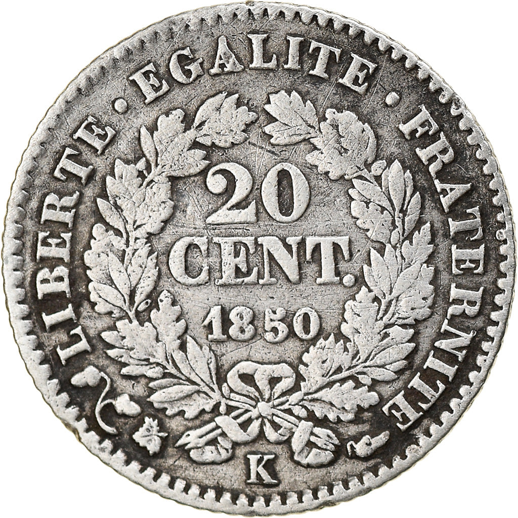 Moneta, Francia, Cérès, 20 Centimes, 1850, Bordeaux, MB+, Argento, KM:758.3